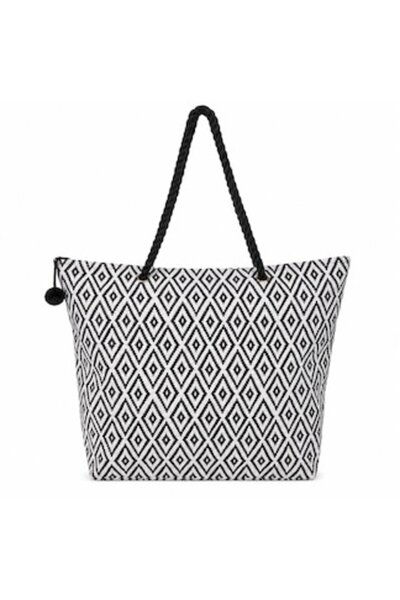 SHOPIENS Geantă de plajă alb-negru cu model aztec, pompon decorativ, fermoar,...