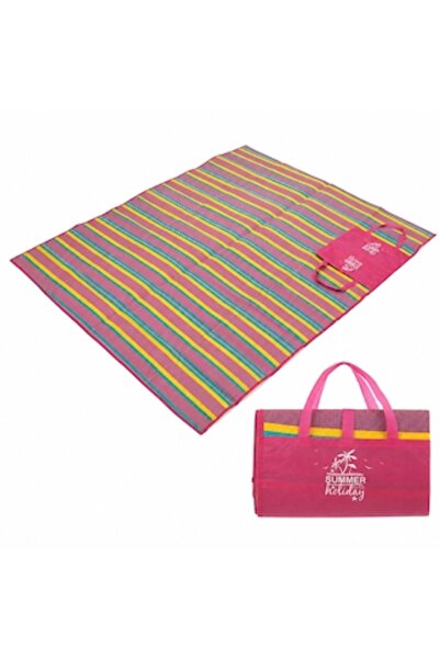 SHOPIENS Saltea de plajă dublă fucsia cu dungi colorate, pliabilă, tip geantă...