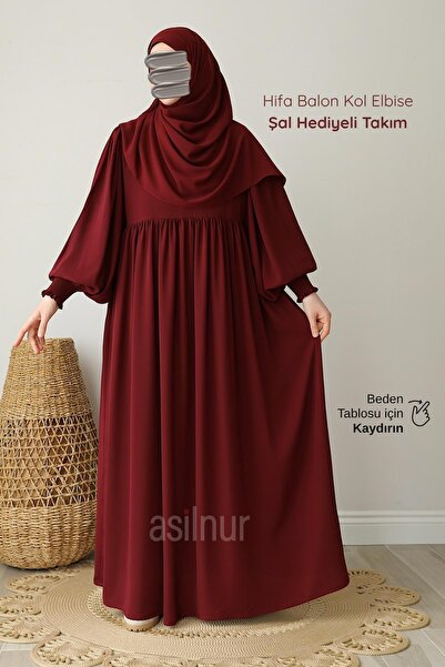 ASİLNUR Hifa Balloon Sleeve Dress Shawl Gift Set Burgundy