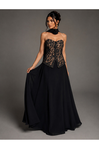 Queens dresses Luxury Elegant Lace Corset Black Long Dress
