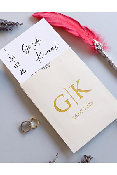 Pixel Davetiye Krem 50 Adet Davetiye Dikdörtgen Yaldızlı Model - 2026 Yeni - ...