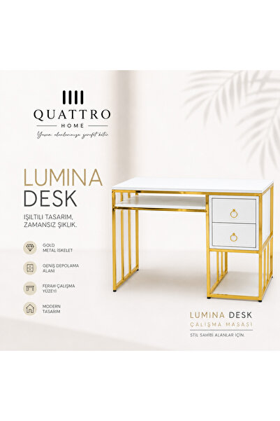 QUATTRO HOME Lumina Desk Beyaz Gold Çalışma Masası - Çekmeceli Modern Ofis Ma...