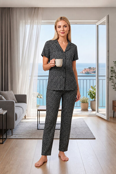 Alperi Women's Short Sleeve Viscose Leopard Patterned Buttoned Pajama Set |  ...