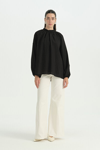 Nihan Natural Fabric Stand Collar Viscose Blouse - Black