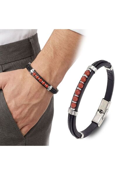 OGHAMAY Red Agate Stone Leather Bracelet 18391G6D4M