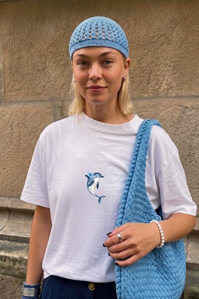 The Champ Clothing Kadın Oversize Tişört Blue Dolphin Baskılı Beyaz – Bisikle...