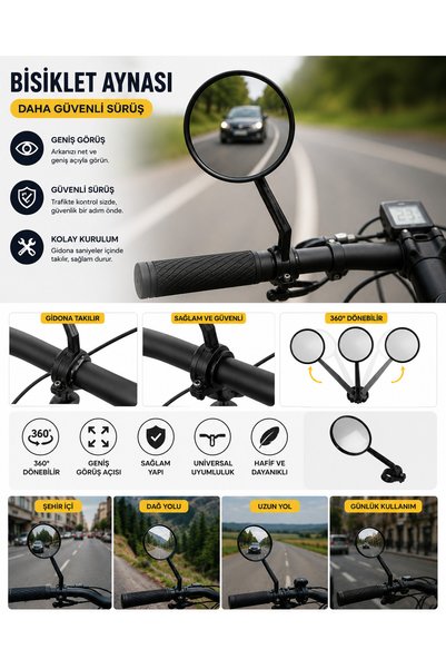 Bigohobi Bisiklet Dikiz Aynası Gidon Bağlantılı 360° Ayarlanabilir Geniş Açıl...
