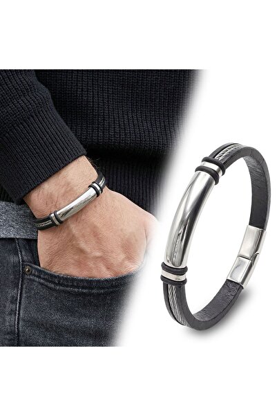 OGHAMAY Name Engravable Steel Wire Leather and White Titanium Lock Bracelet 1...