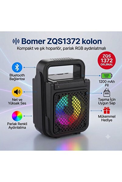 BOMER ZQS1372 BLUETOOTH TAŞINABİLİR KABLOSUZ HOPARLÖR RGB IŞIKLI USB TF FM DE...