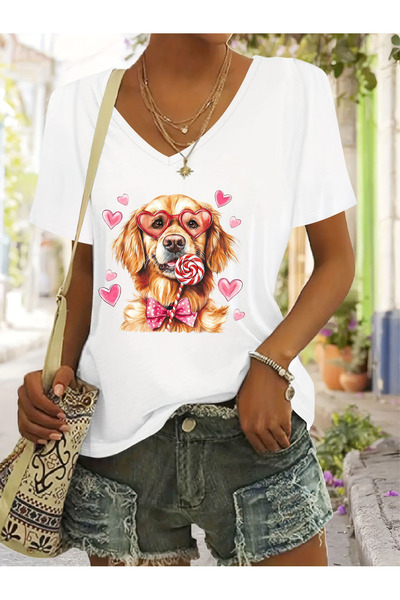 Deocept Women's Dog Printed V-Neck Sleeved Regular Fit Comfortable T-Shirt