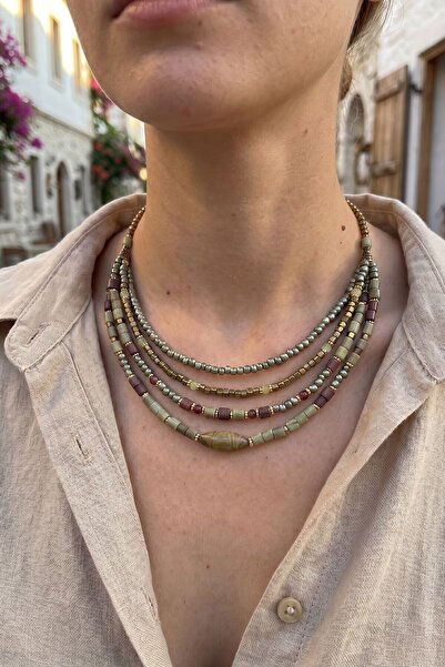 bacc 4 Row Handmade Ethnic Bohemian Necklace with Khaki Natural Stones