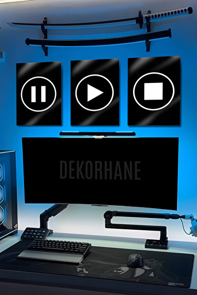 DekorHane Imprimeu metalic – Set de 3 cu pictograme Play Pause Stop, pictură ...