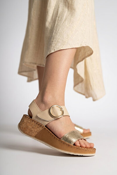 Solly Well Foot 26066 Beige-Gold Genuine Leather Women's Sandals