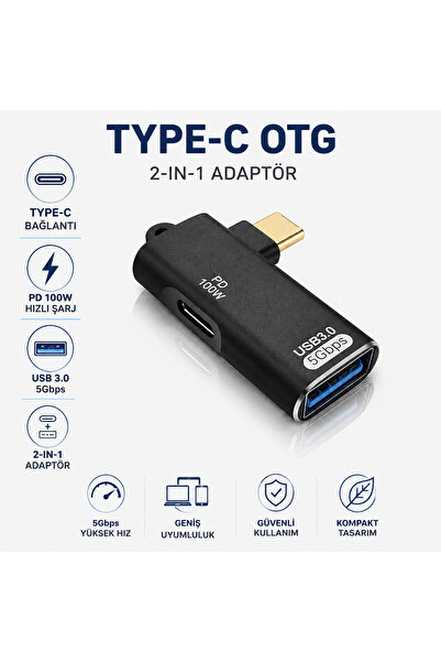 Coverzone Type-C OTG Adaptör PD 100W Hızlı Şarj USB 3.0 5Gbps Type-C USB-A Dö...