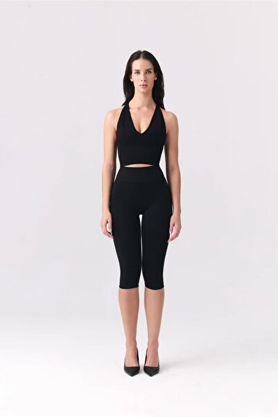 VIGORV Capri Black High Waist Seamless Gathering Women's Leggings Flexible Sp...