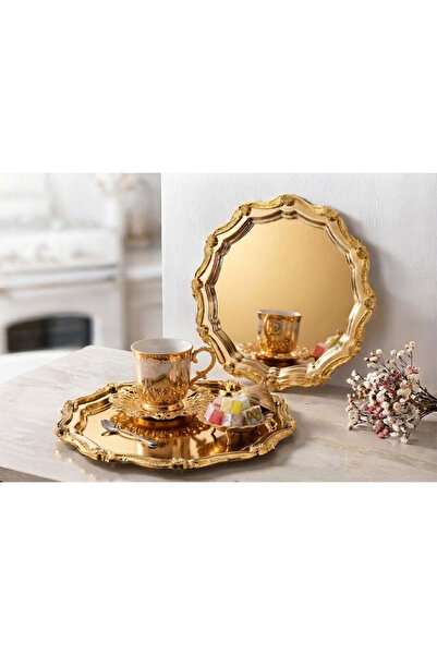 SEVA ÇELİK Gold Round Wavy 2 Piece Coffee Presentation Tray with Frame