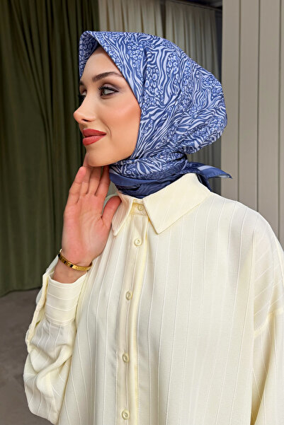 KUQOS Mosaic Patterned Aqua Soft Scarf 90X90 Soft Textured Hijab Women's Scarf