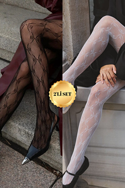 KIRMIZIUNDERWEAR Set of 2 Black and White Bow Patterned Fishnet Women's Panty...
