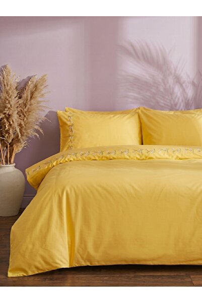 Rivaİstanbul Alissa Yellow Floral Embroidered Cotton Double Duvet Cover Set -...