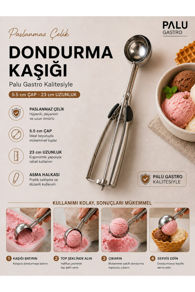 PALU GASTRO Stainless Steel Mechanically Operated Ice Cream Spoon - 23 cm (5....