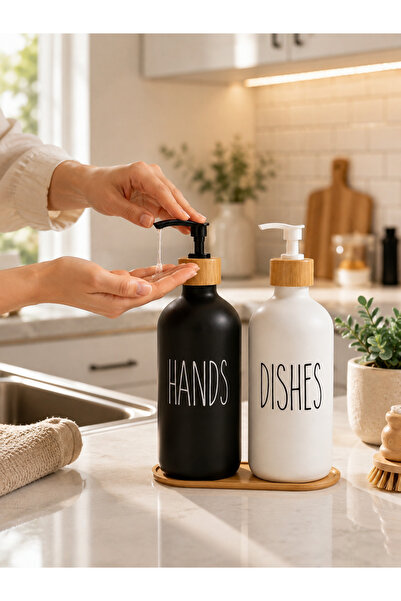 Arsimo Double Set Bamboo Detailed Modern Look Glass Soap Dispenser & Detergen...