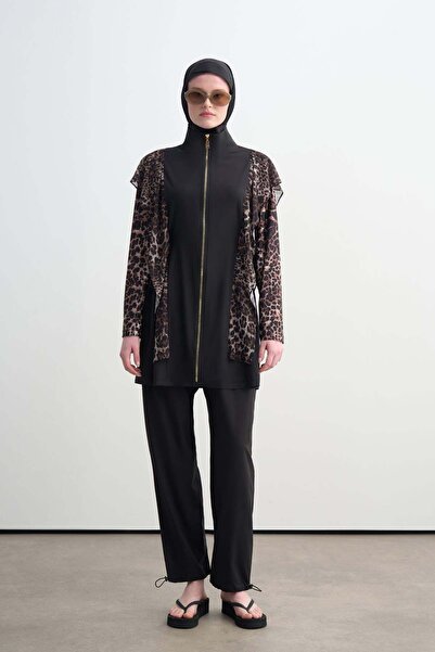 Moodbasic Leopar Tül Volanlı Tesettür Mayo - Siyah