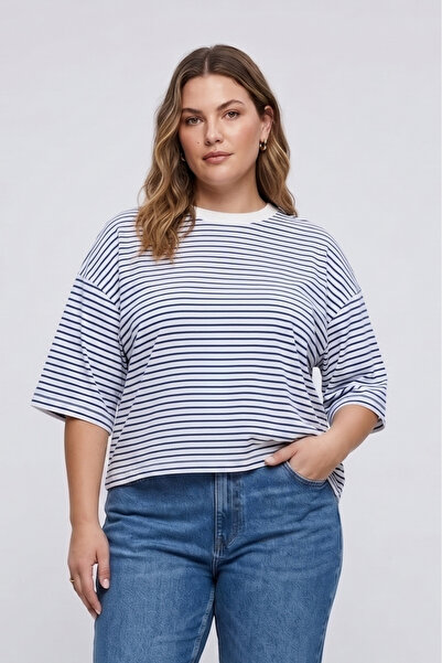 CHUL Plus Size Women's Striped Basic Oversize Short Sleeve T-Shirt - Blue