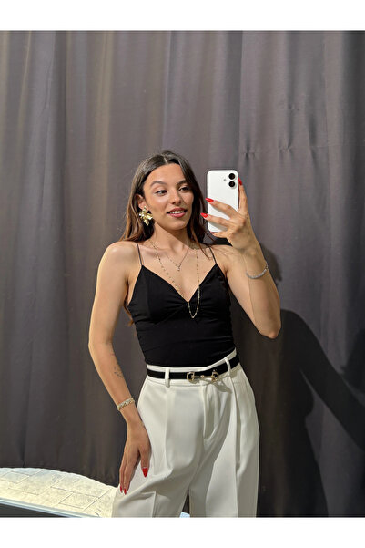 BS V Yaka İp Askılı Bodysuit Siyah