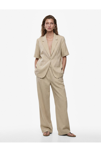 Koton Linen Blend Pleated Straight Wide-Leg Fabric Trousers with Pockets
