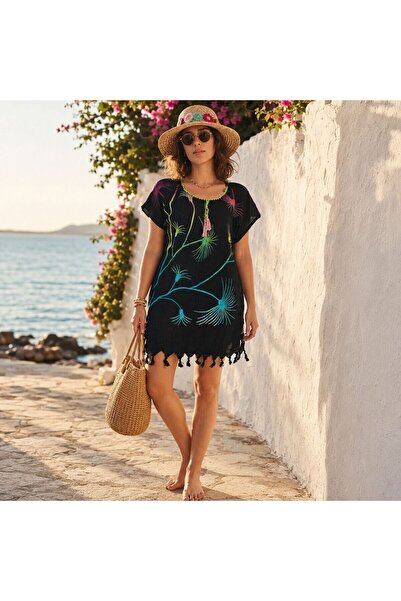 BIJUTERI Par-13009 Black Rainbow Tropical Patterned Beach Dress & Pareo |   E...