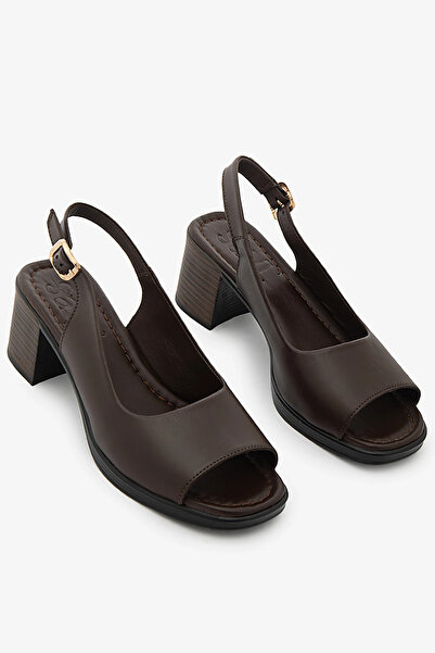 SAYL Brown Genuine Leather Open Back Thick Heeled Women's Sandals
