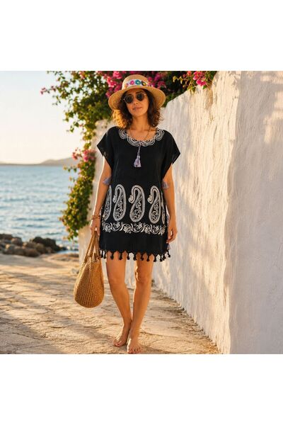 BIJUTERI Par-13010 Black Paisley Patterned Beach Dress & Pareo |   Eos Collec...