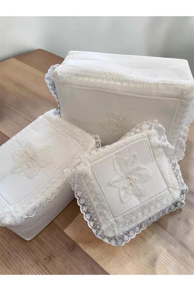 TUTUYA TEXTIL Gipürlü 3'lü Çeyizlik Keten Bohça Takımı Gelin Damat Bohça Seti
