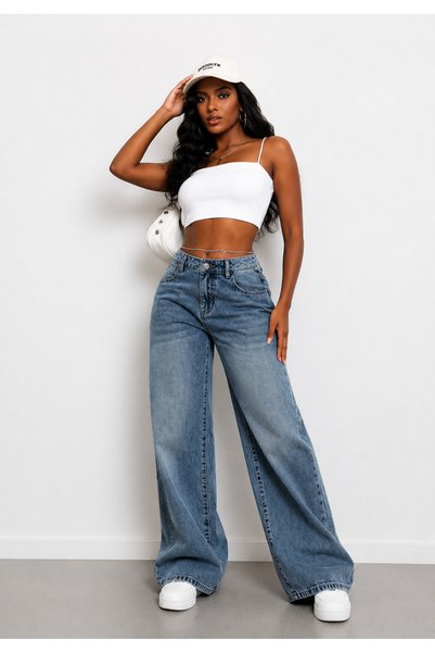 komera Pantaloni din denim cu talie înaltă, largi, de culoare albastră, pentru femei, 34_w4