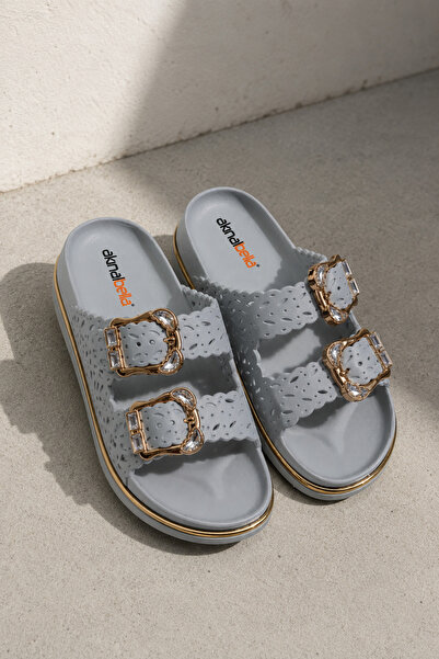 Akınal Bella Gray Stylish Stone Detailed Women's Slippers with Double Buckle ...