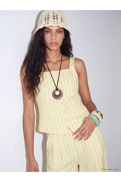 LC Waikiki Xside Yellow Square Collar Striped Linen Blend Women's Vest