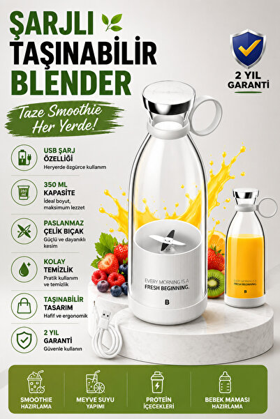ÖZDELMARKT Pembe ve Beyaz Renkli Mini Boy Taşınabilir Meyve Blenderı