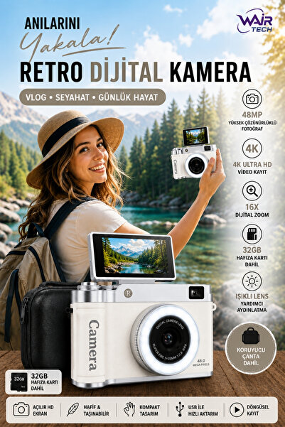 Wair Teknoloji 4K Çantalı Dijital Retro Video Kamera 48MP 16X Zoom Işıklı Len...