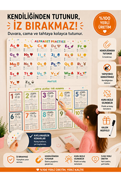 TutturX Statik Kağıt İngilizce Alfabe - Rakam Seti 56x100cm Kalem Hediyeli