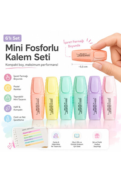 Ceo Mini Fosforlu Kalem 6’lı Set Pastel Renkler Kompakt Boy İşaretleme Kalemi...