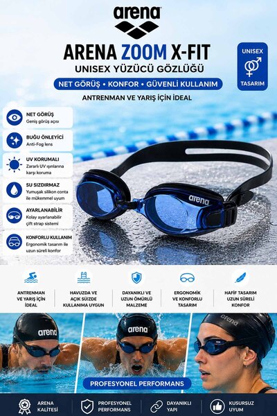 ARENA Zoom X-Fit Unisex Yüzücü Gözlüğü Siyah Mavi | Anti-Fog UV Korumalı Prof...