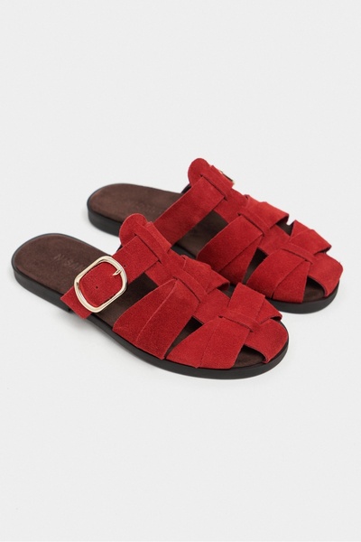 NİŞANTAŞI SHOES Honey Red Genuine Suede Buckle Detailed Flat Sole Women's Slippers