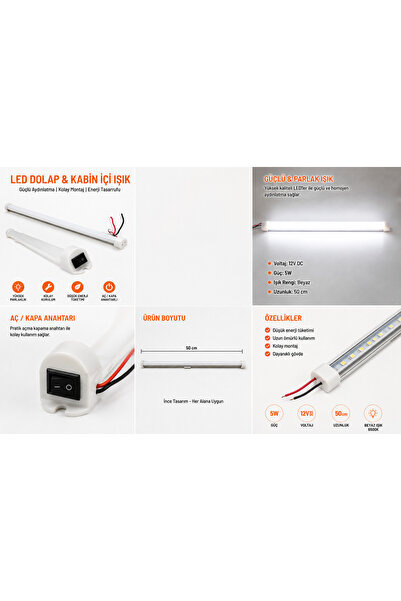 Genel Markalar Universal 12V DC Anahtarlı LED Dolap Ve Kabin İçi Işık Şerit P...