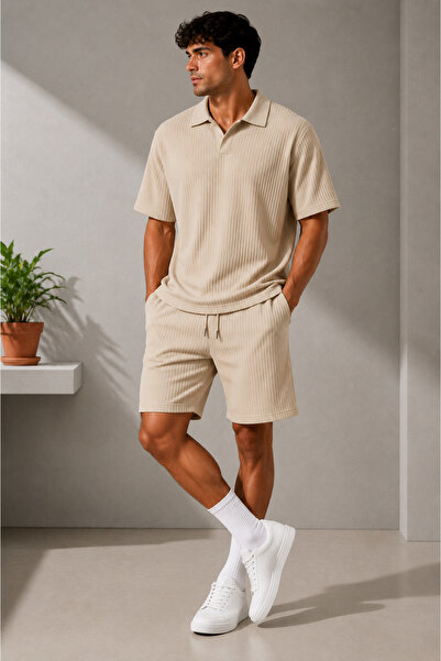FECCY Premium Ribbed Ottoman Fabric Polo Collar Unisex T-Shirt and Shorts Set...
