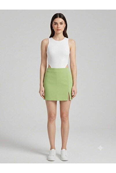 CALEMORE Women's Stylish Elastic Waist Zipper Slit Detailed Stretchy Mini Skirt