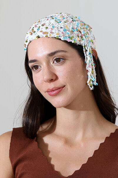 FATMA PULLU İP Colorful Sequined Hand Knitted Bandana – Handmade Tie-On Hairband
