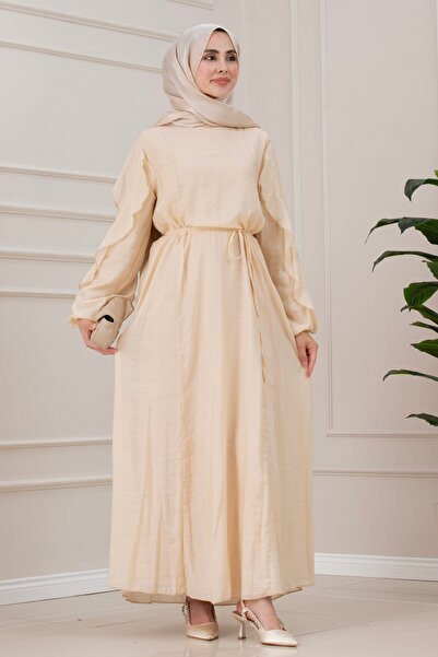 Sevitli Simay Dress with Ruffle Detail on the Sleeves-Beige