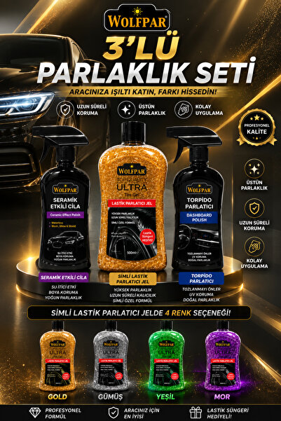 WOLFPAR 3'LÜ PARLAKLIK SETİ (Seramik Etkili Cila + Simli Lastik Parlatıcı Jel...