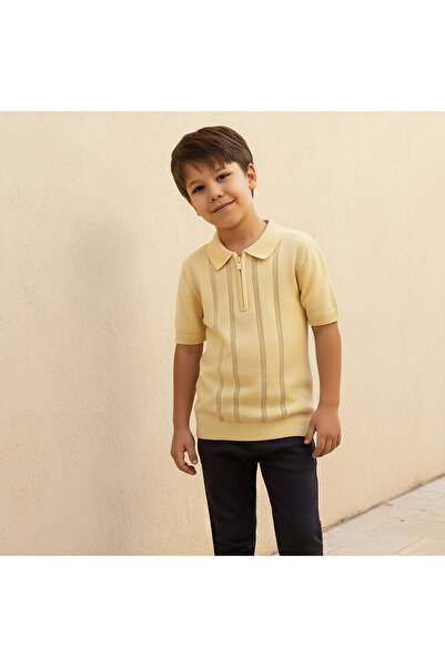 Juniors Half Zip Textured Polo Cardigan with Short Sleeves