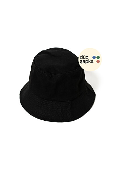 düz şapka studio Düz Şapka | Siyah Gabardin Bucket Balıkçı Şapka - Minimalist...